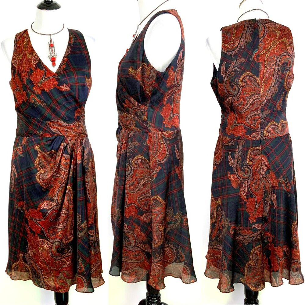 LAUREN Ralph Lauren  Silk Paisley and Plaid Faux Wrap Dress Size 10 - Picture 6 of 16